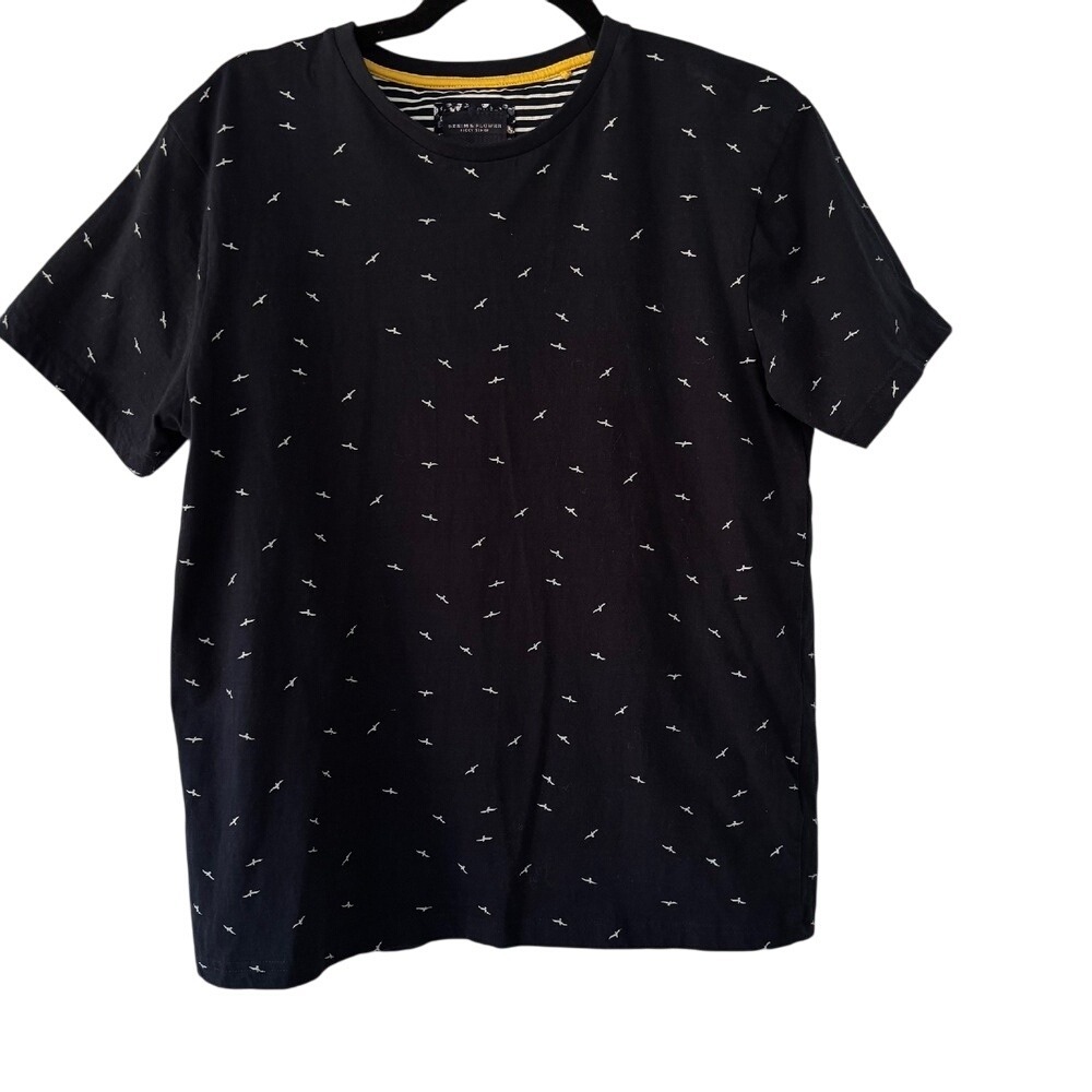 Denim & Flower Bird‎ Print T-Shirt Striped Neckline Casual Top, Size Medium EUC